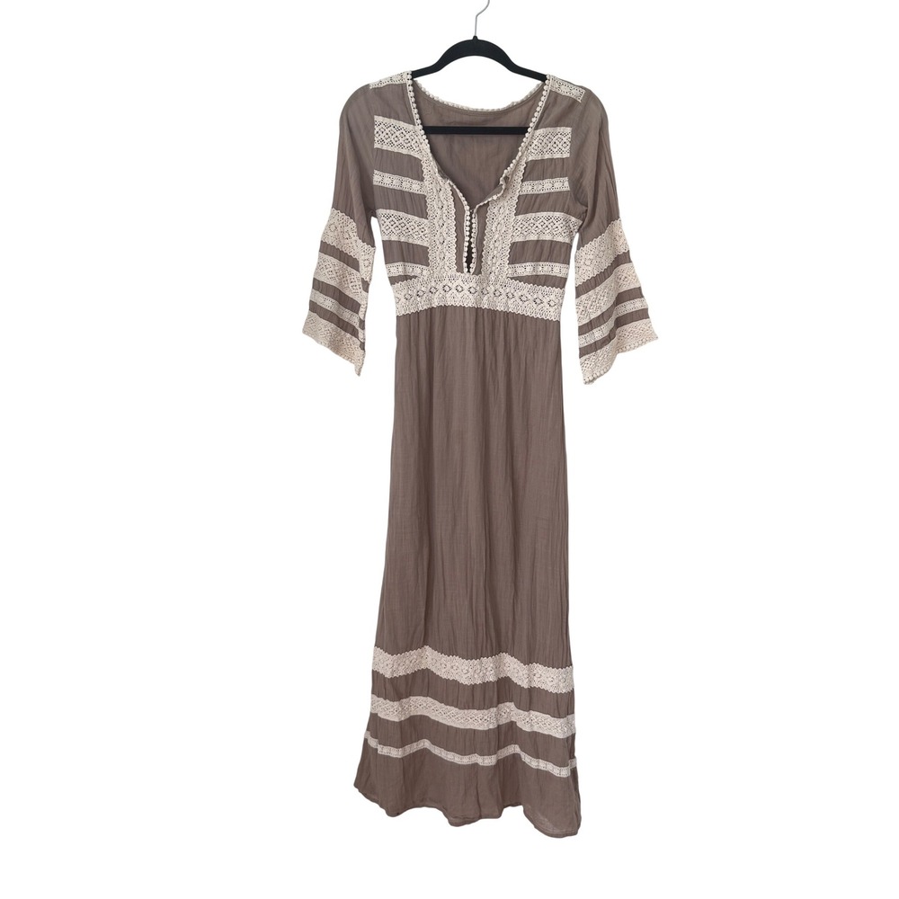 Vintage crochet lace trim maxi dress taupe XS